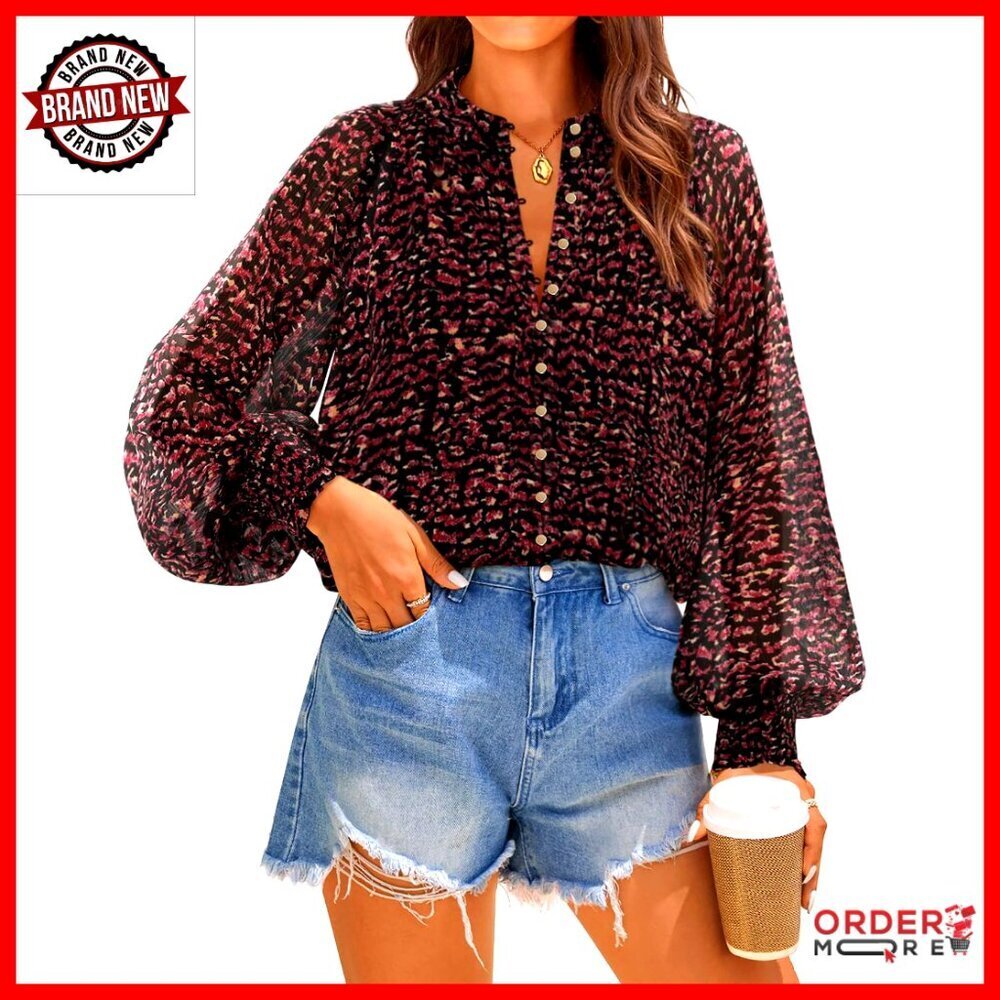 Oversized Button Down Blouse with Lantern Sleeves, Boho Floral Print, Long